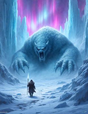 The primary subject of the image is a large, white, fanged creature, possibly a bear or a dragon, standing in a snowy environment. The creature appears to be roaring, creating a sense of danger and intensity. The setting is a snowy mountain, with the creature towering over the landscape. The visual style of the image is digital art, with the creature and the snowy environment depicted in a detailed and realistic manner. The colors and mood of the image are predominantly cold and dark, with the